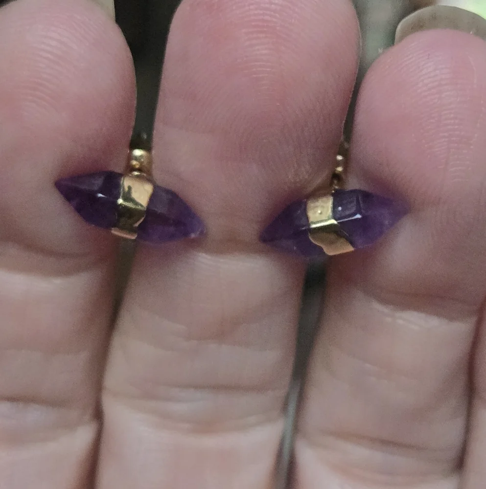 Amethyst natural crystal gemstone sterling & gold earrings - Picture 4 of 8